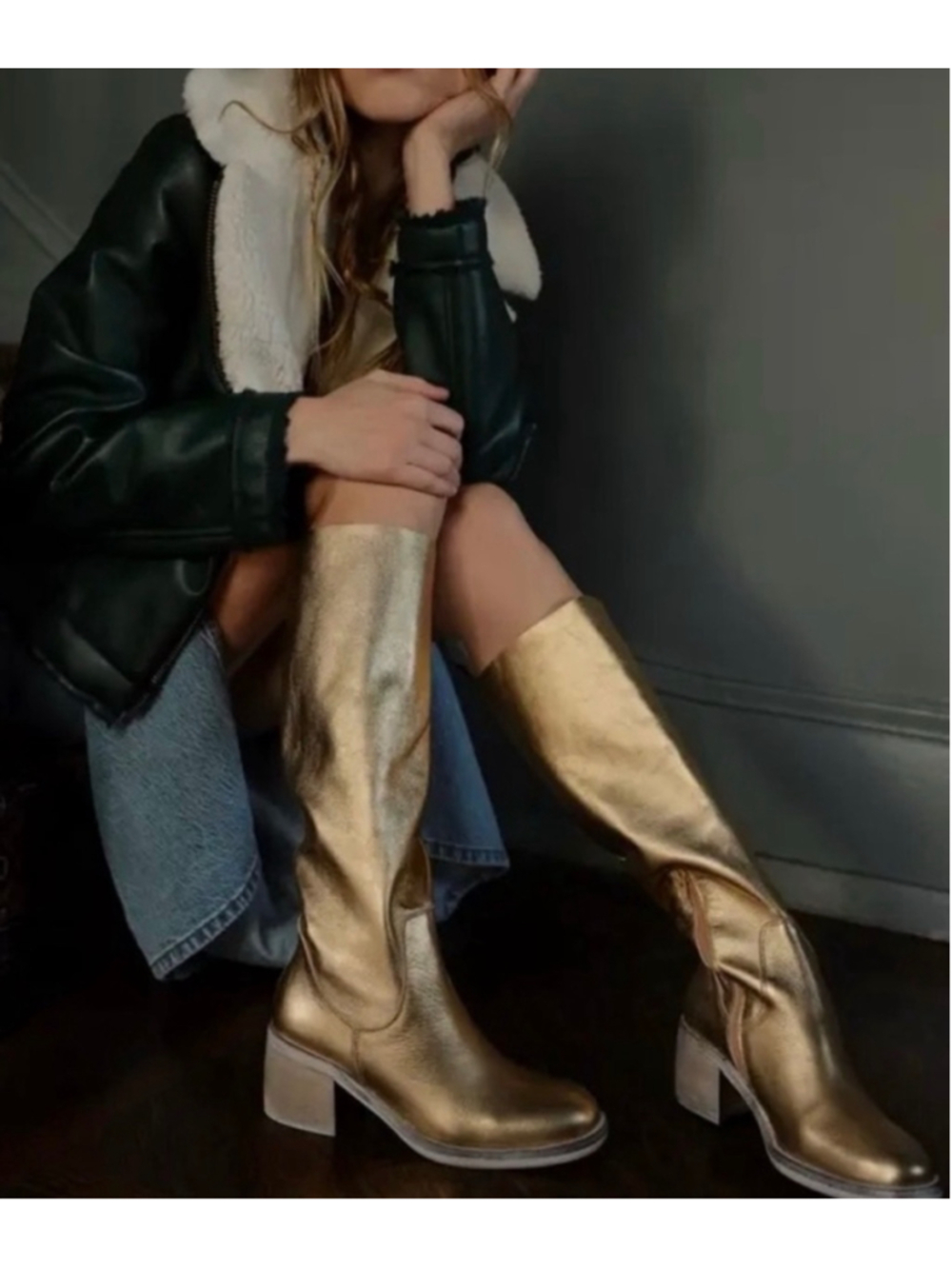 Free People Essential Tall Slouch Boots Metallic Gold Size 38